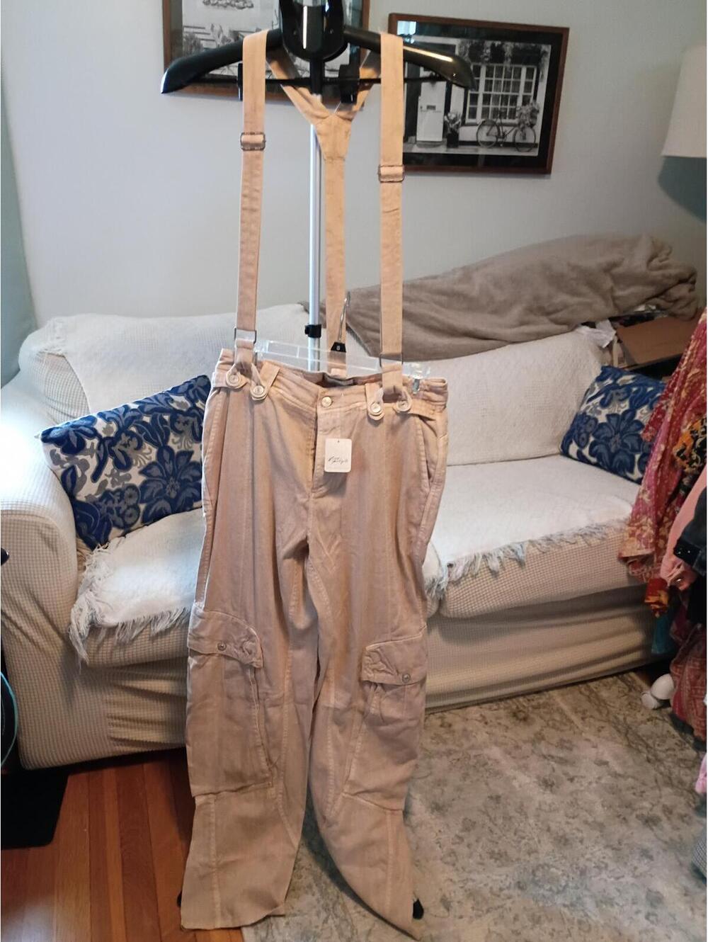 Free People We The Free Beige Cargo Pants with Suspenders, Size 6